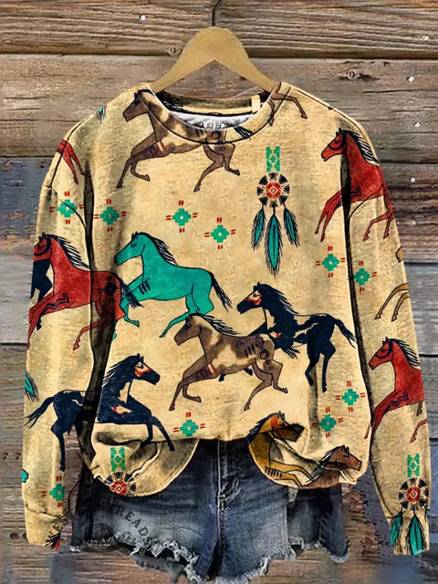 Retro Horse Art Print Casual Cotton Sweatshirt