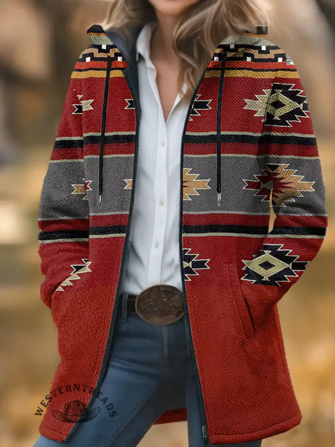 Aztec Print Unisex Plush Thick Long-Sleeved Cardigan Coat