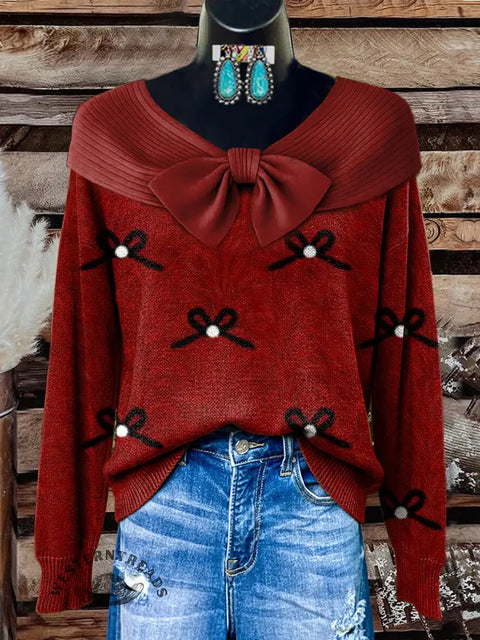 Women's Bow Tie Print Casual Cotton Sweater