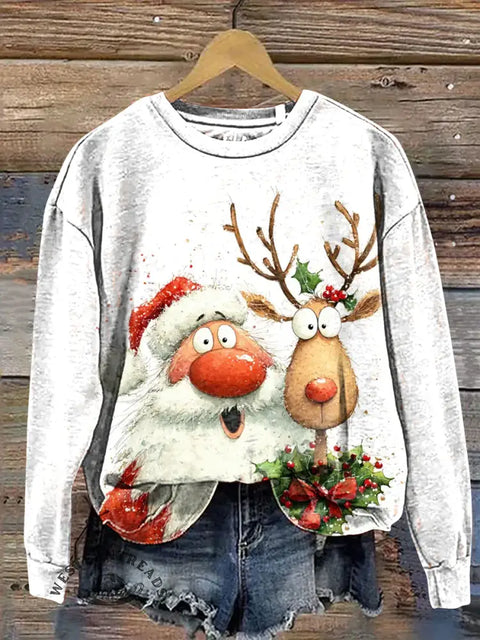 Funny Santa Claus and deer Casual Cotton Sweatshirt
