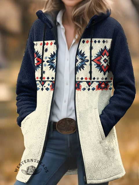 Aztec Print Unisex Plush Thick Long-sleeved Cardigan Coat