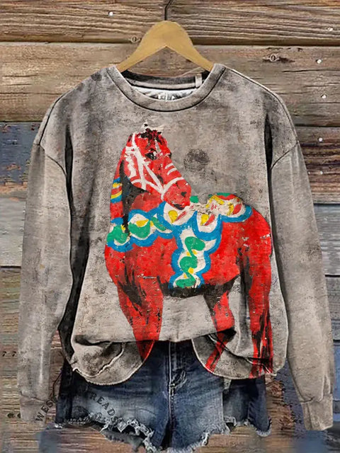 Retro Horse Texture Print Casual Cotton Sweatshirt