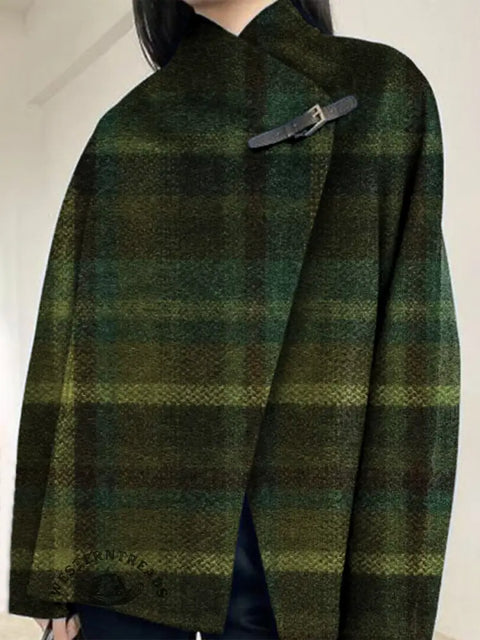 Checkered Print Buckle Long-Sleeved Cardigan Coat