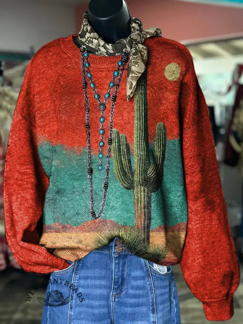 Women's Cactus Art Print Casual Sweater