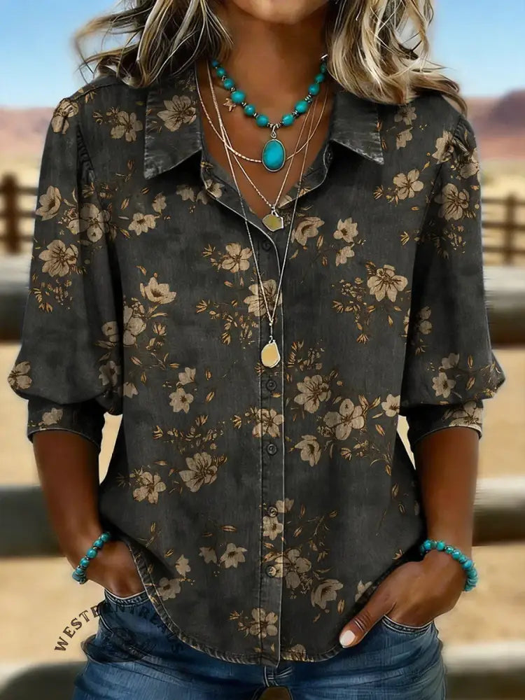 Women's Retro Floral Casual Puff Sleeve Denim Shirt