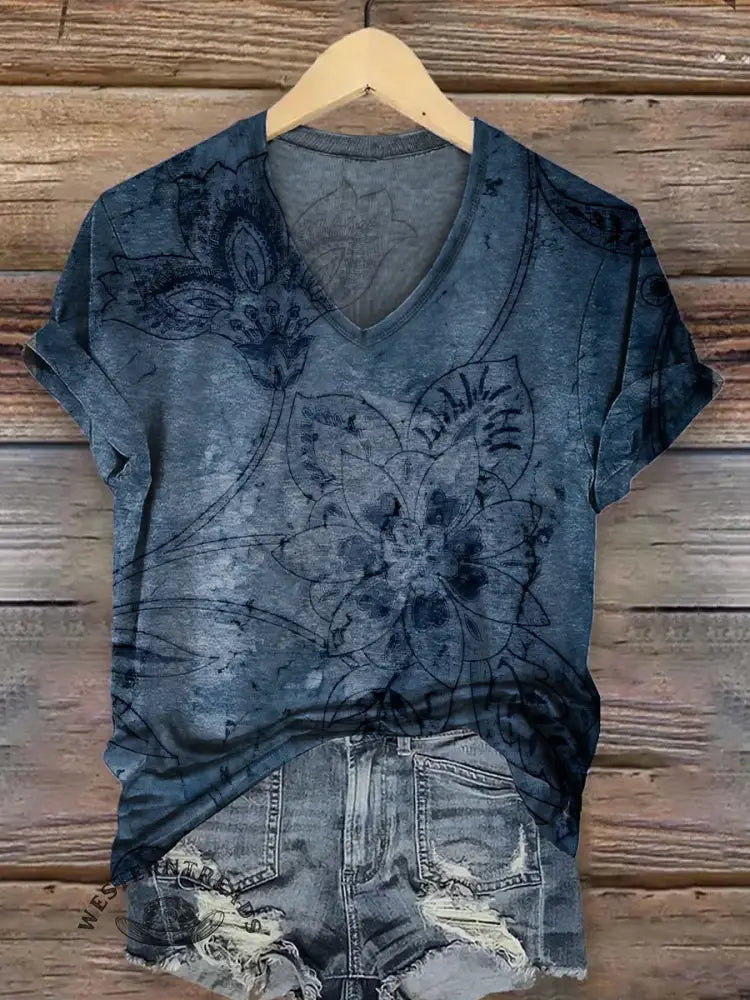Vintage Floral Art Print V-neck T-shirt