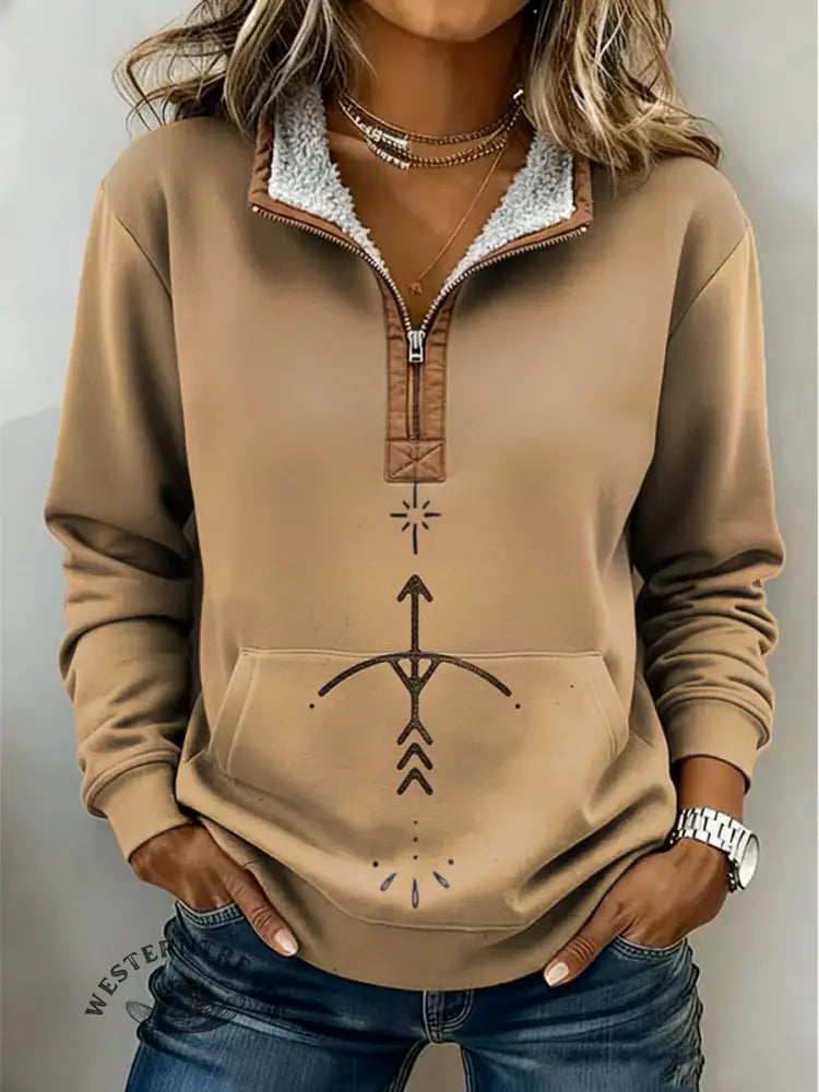 Women's Retro Tribal Bow And Arrow Print Casual Color-blocked Casual Half-zip Cotton Sweatshirt