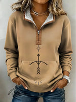 Women's Retro Tribal Bow And Arrow Print Casual Color-blocked Casual Half-zip Cotton Sweatshirt