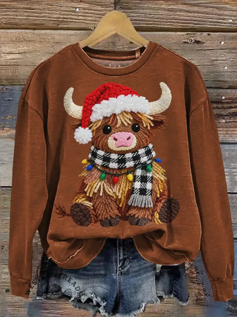 Christmas Highland Cow Art Print Casual Sweatshirt