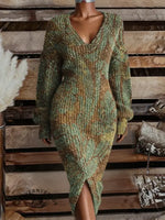 Vintage Art Print Casual V-neck Long Sleeve Knit Dress