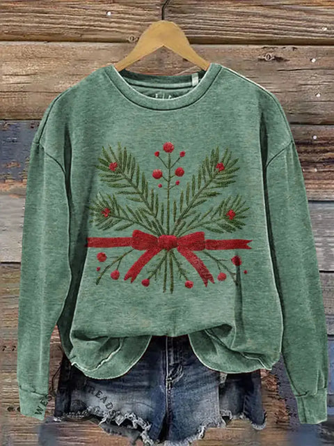 Christmas Bow Leaves Casual Cotton Sweatshirt