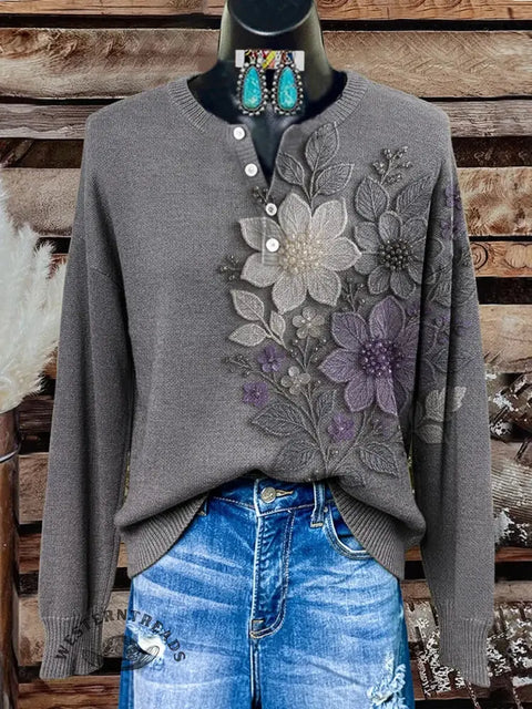 Retro Floral Art Print Buttoned Cardigan Sweater