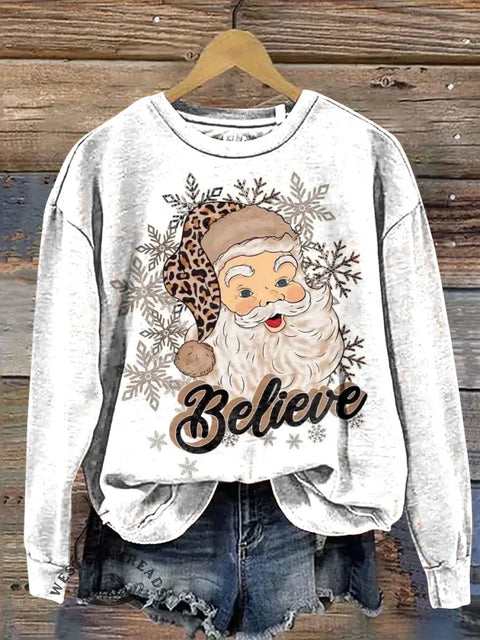 Leopard Print Santa Casual Cotton Sweatshirt