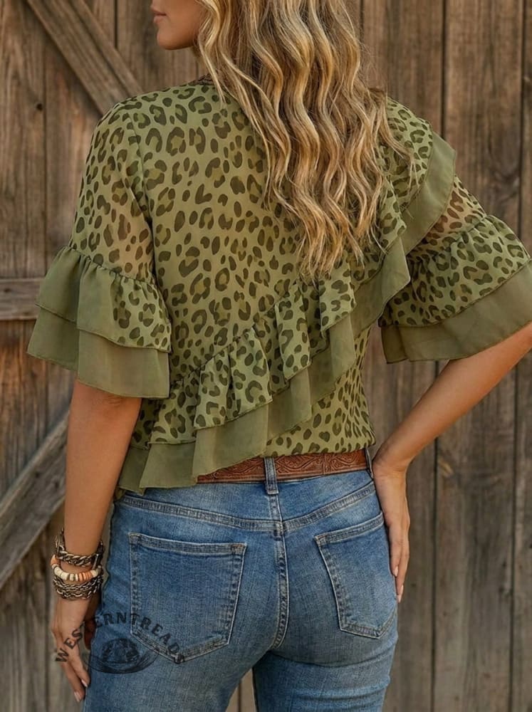 Vintage Leopard Print Casual Patchwork Ruffle Shirt