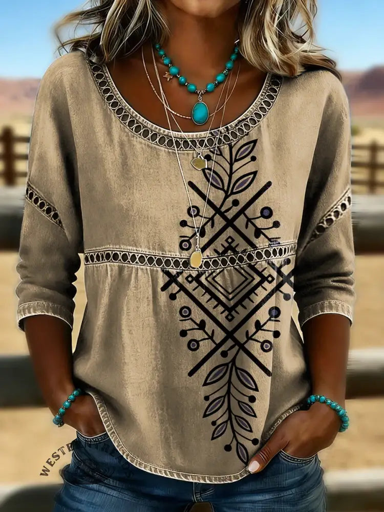 Retro Aztec Floral Art Print Casual Hollow Denim Shirt