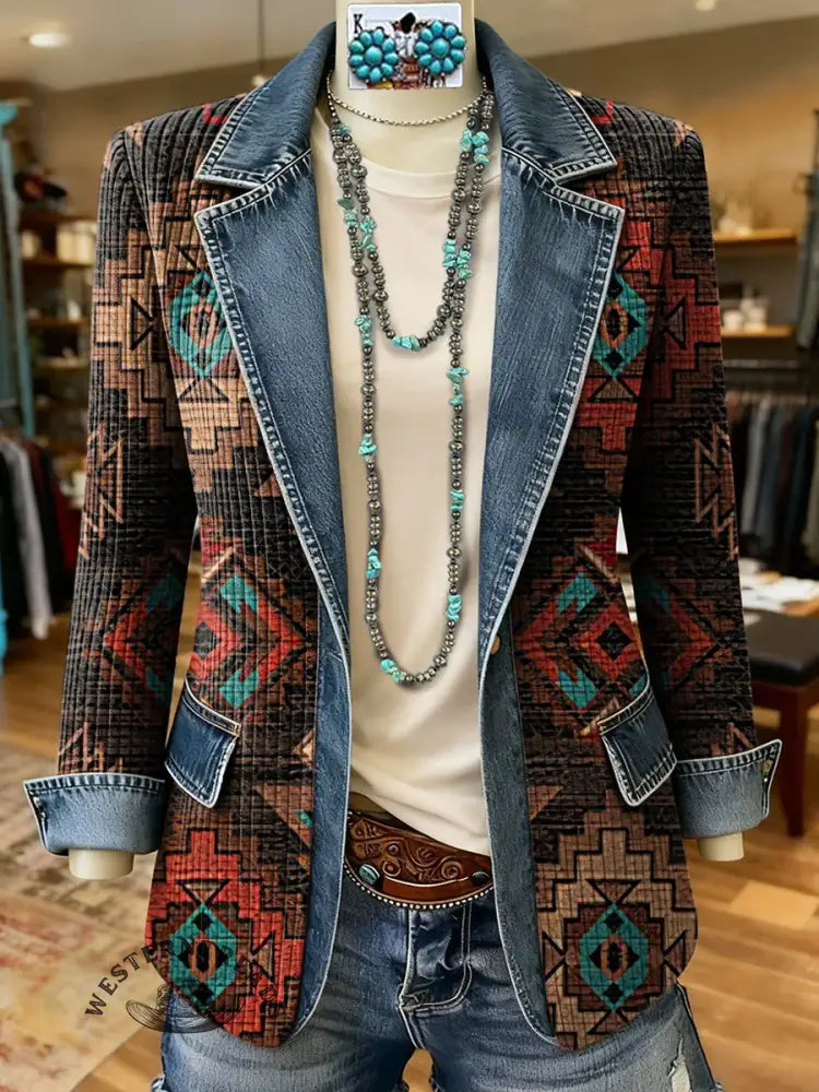Aztec Art Print Patchwork Denim Sweater Cardigan Coat