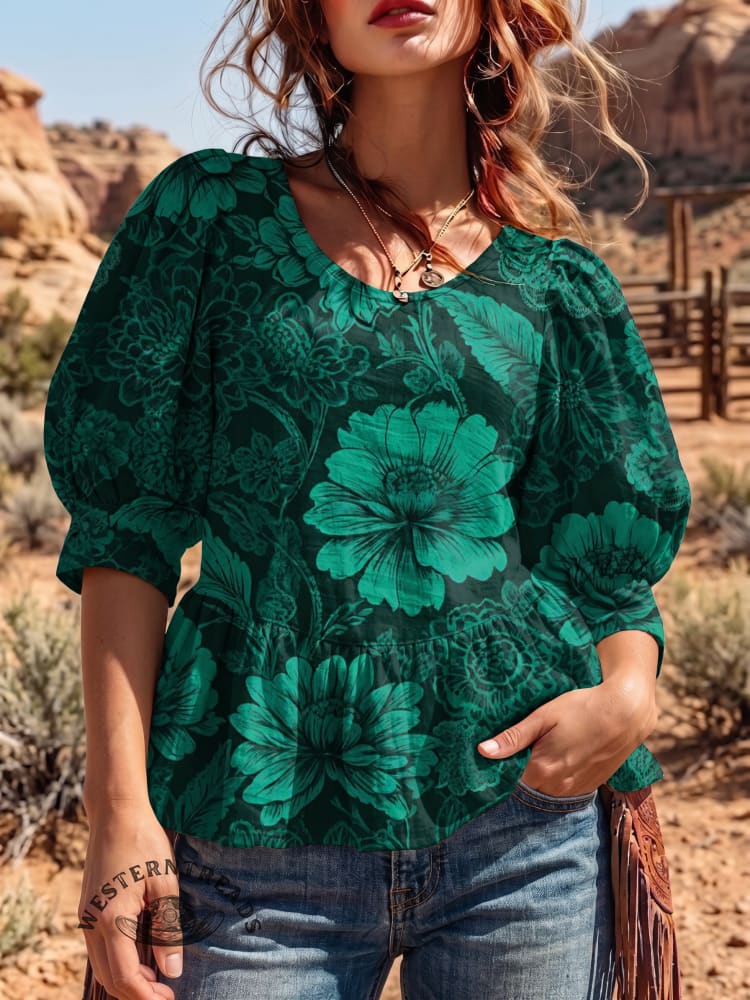 Women's Vintage Art Puff Sleeve Top