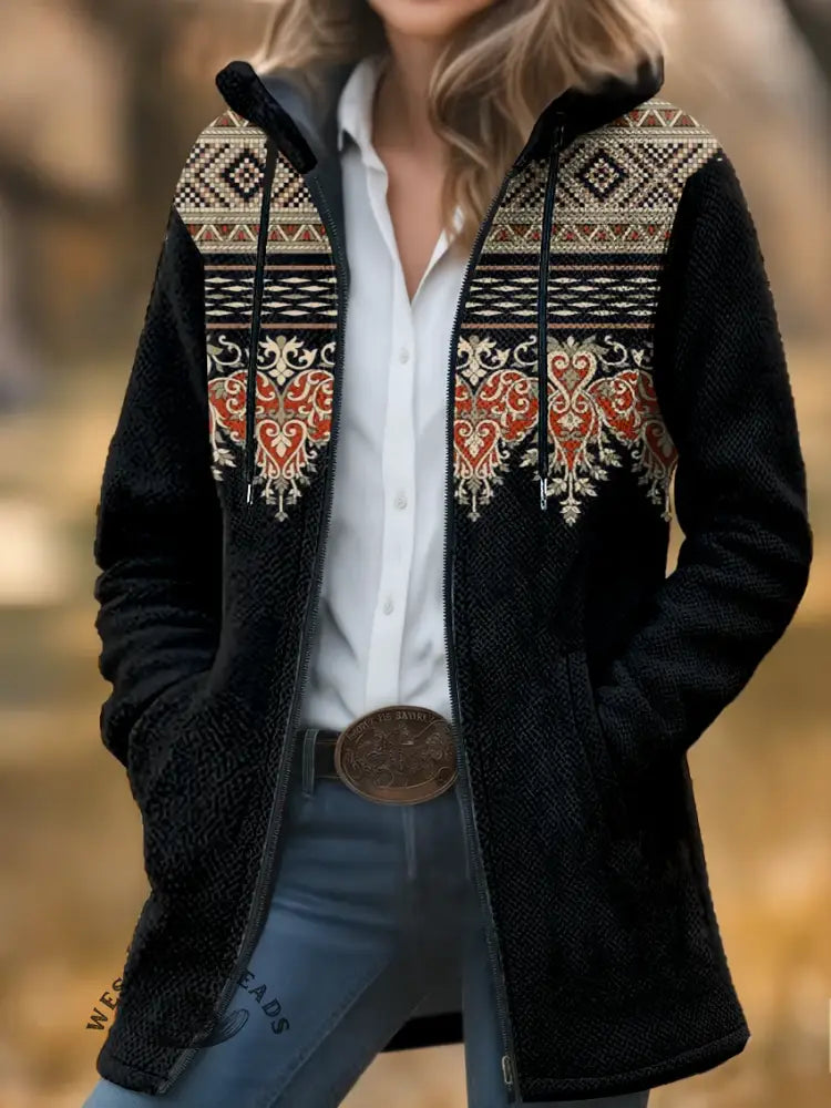 Retro color pattern Unisex Plush Thick Long-Sleeved Cardigan Coat