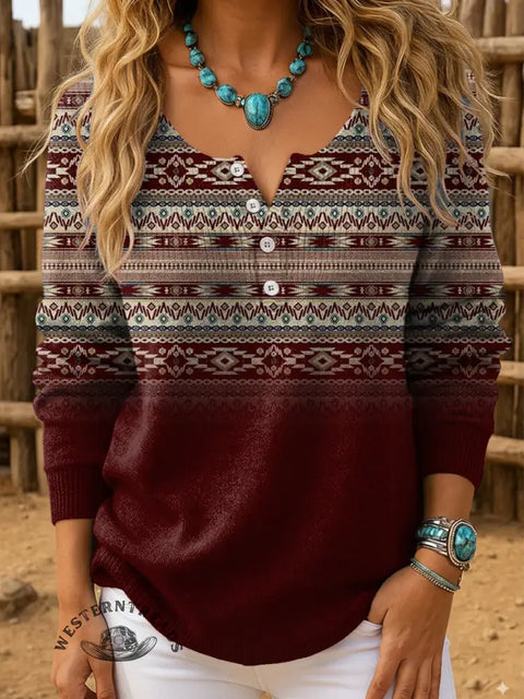 Retro Aztec Gradient Pattern Print Women's Casual Pullover Sweater