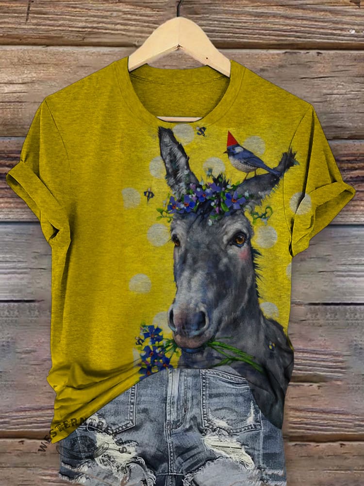 Retro Donkey Art Print Casual T-shirt