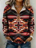 Vintage Aztec Art Print Casual Half Zip Cotton Sweatshirt