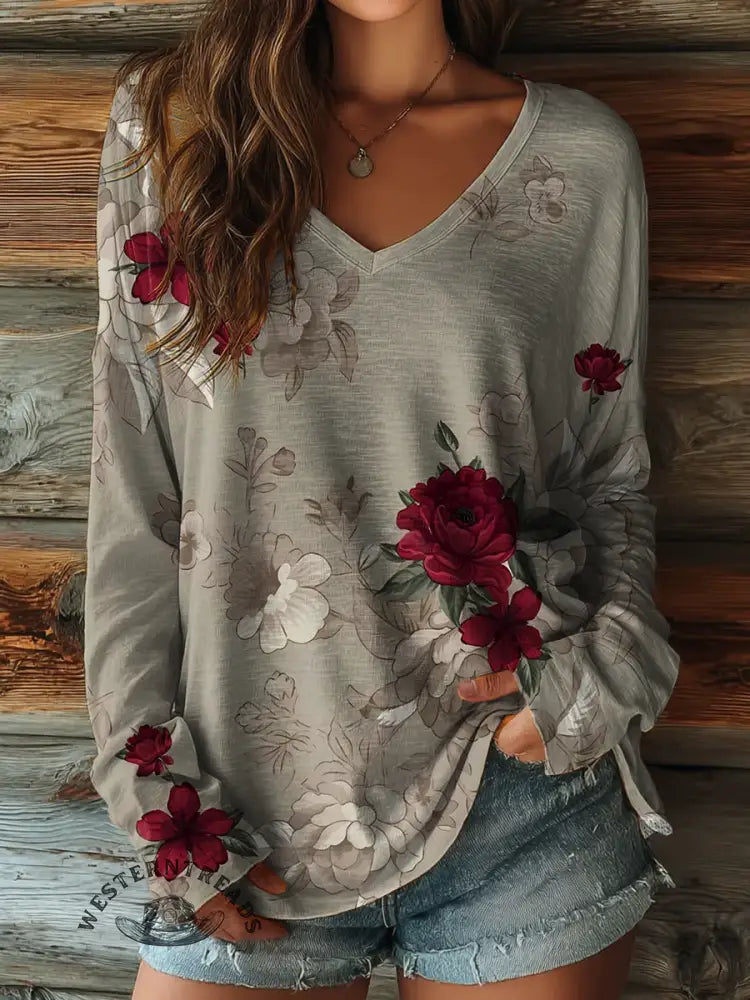 100% Cotton🍃Retro Flower Women's V-neck Long-sleeved Shirt