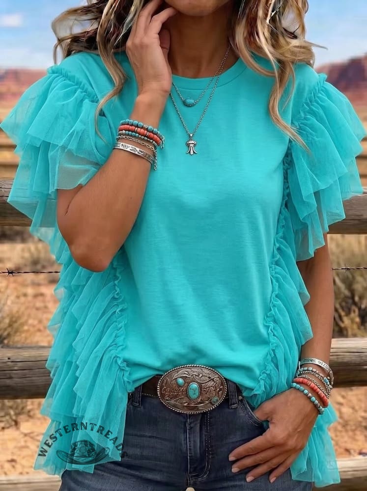 Women's Western Turquoise Ruffle Panel Short Sleeve T-Shirt