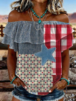 Women's Vintage Us Independence Day Star Print Elastic Off-shoulder Double-layer Casual Shirt