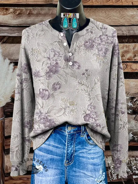 Simple Floral Art Print Buttoned Cardigan Sweater