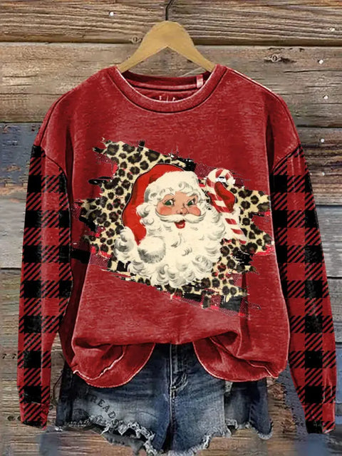Leopard Print And Plaid Santa Claus Casual Cotton Sweatshirt