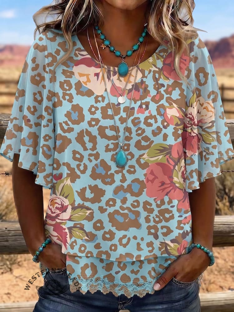 Vintage Art Chiffon Patchwork Lace Shirt