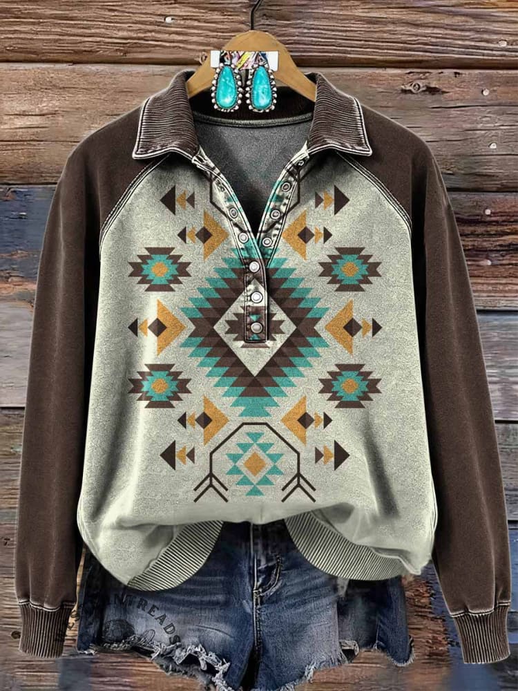 Vintage Aztec Art Print Casual Sweatshirt