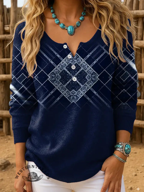 Retro Aztec Print Buttoned Cardigan Sweater