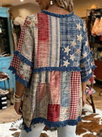 Women's Vintage US Independence Day Flowers Print Patchwork Casual Shirt