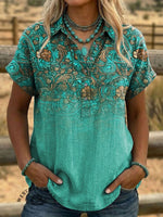 Women's Vintage Western Art Print Casual Lapel Shirt