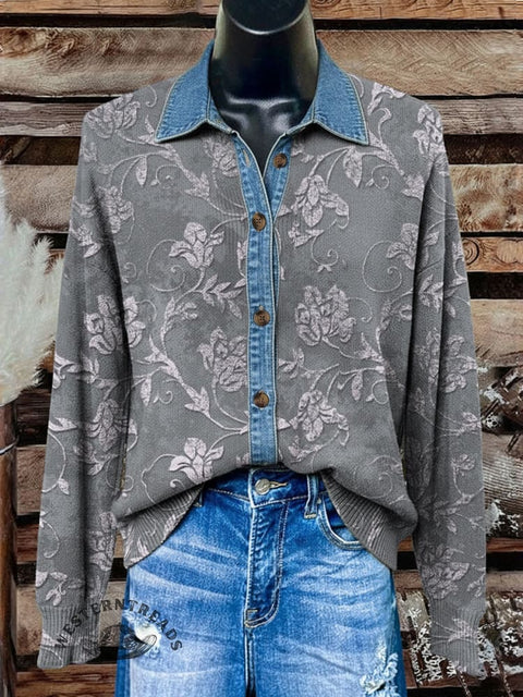 Denim Floral Polo Collar Button Cardigan Sweater