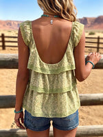 Women's Vintage Flowers Print Patchwork Chiffon Tank Top Casual Shirt