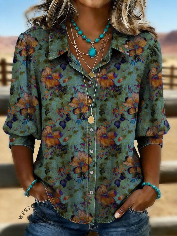 Vintage Floral Prints Casual Cotton Shirt