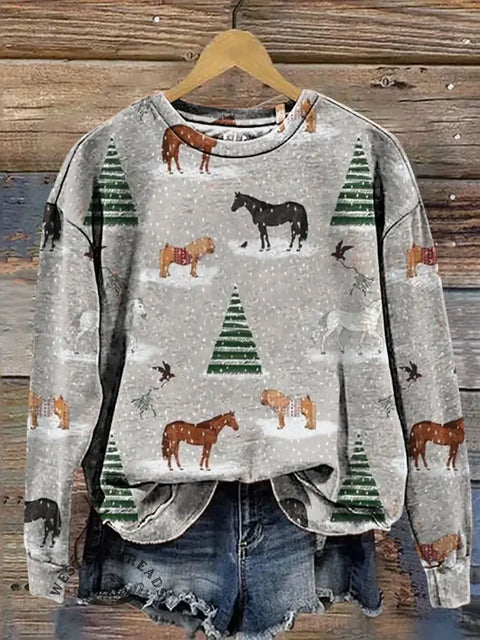 Christmas Horse Art Casual Cotton Sweatshirt