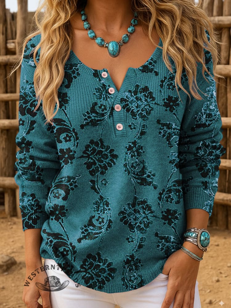 Flower Pattern Art Print Buttoned Cardigan Sweater