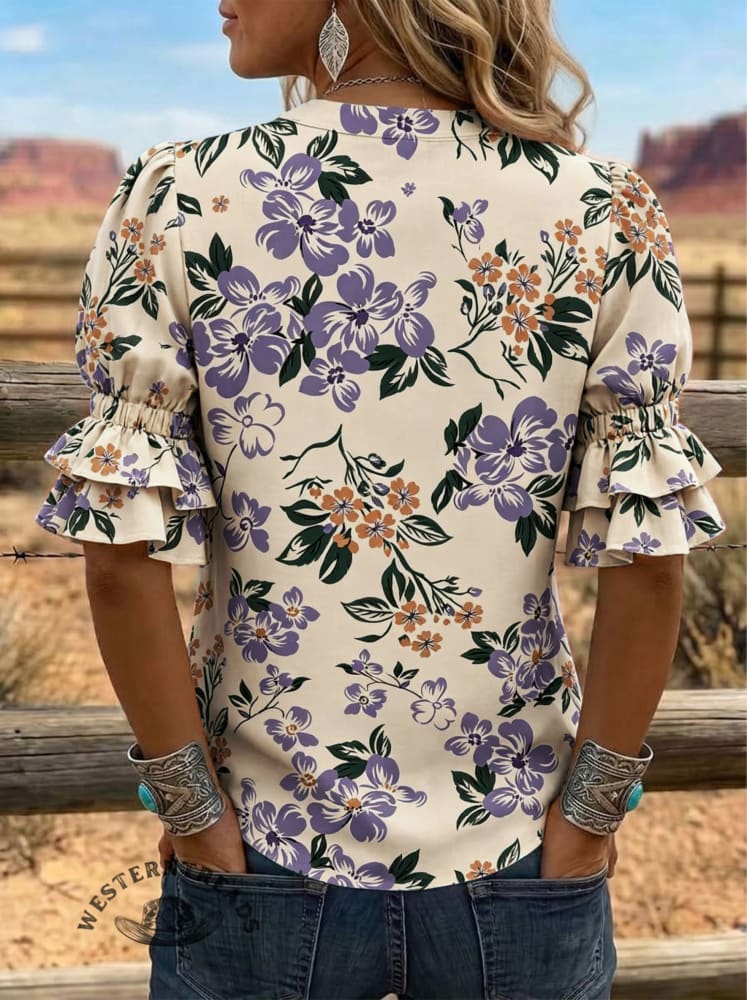 Women's Floral Cow Print Puff Sleeve Casual Shirt