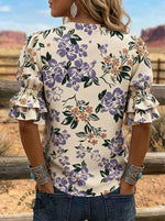 Women's Floral Cow Print Puff Sleeve Casual Shirt