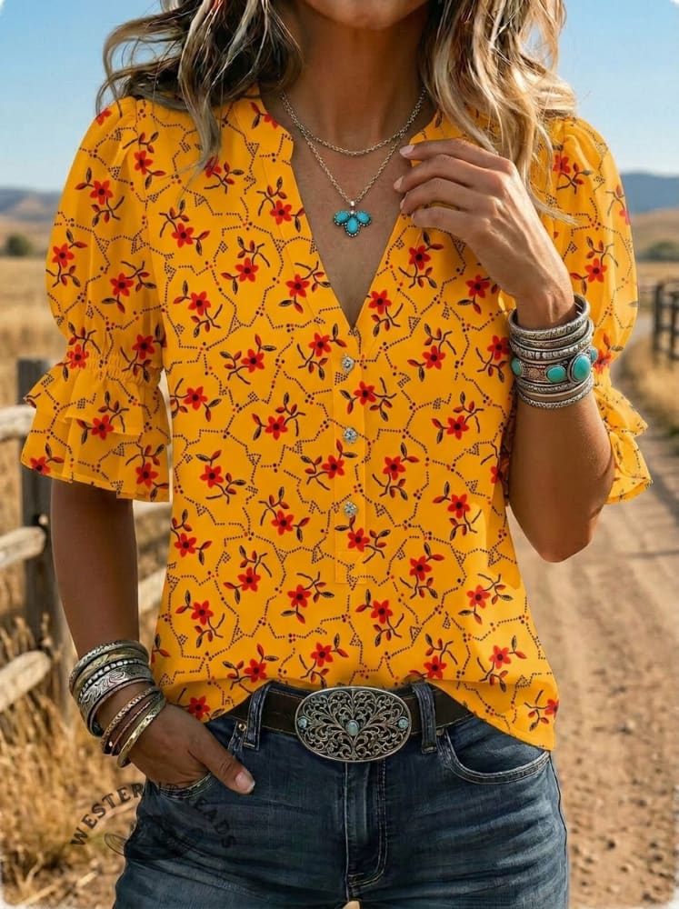 Women's Retro Floral Art Puff Sleeve Casual Shirt