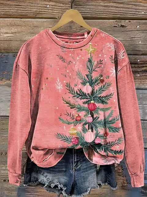 Pink Christmas Trees Print Casual Cotton Sweatshirt