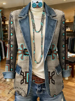 Southwestern Art Print Patchwork Denim Sweater Cardigan Coat