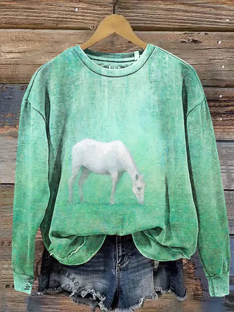 White Horse Print Casual Cotton Sweatshirt
