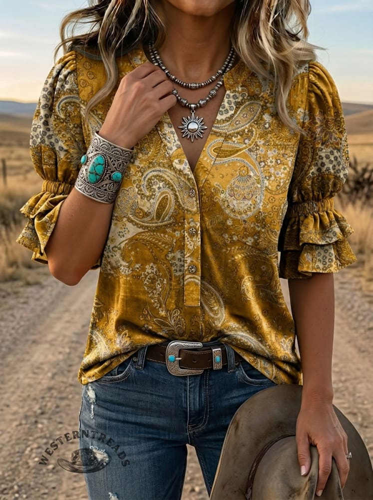 Vintage Paisley Art Print V-neck Puff Sleeve Ruffle Shirt
