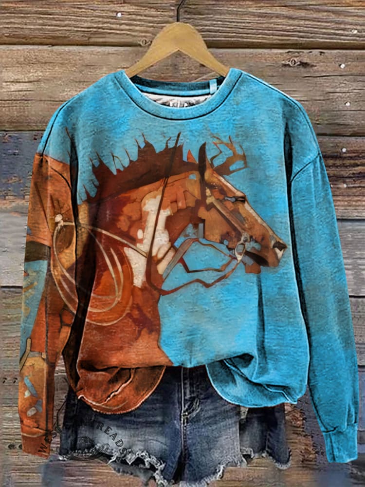 Retro Horse Art Print Casual Cotton Sweatshirt