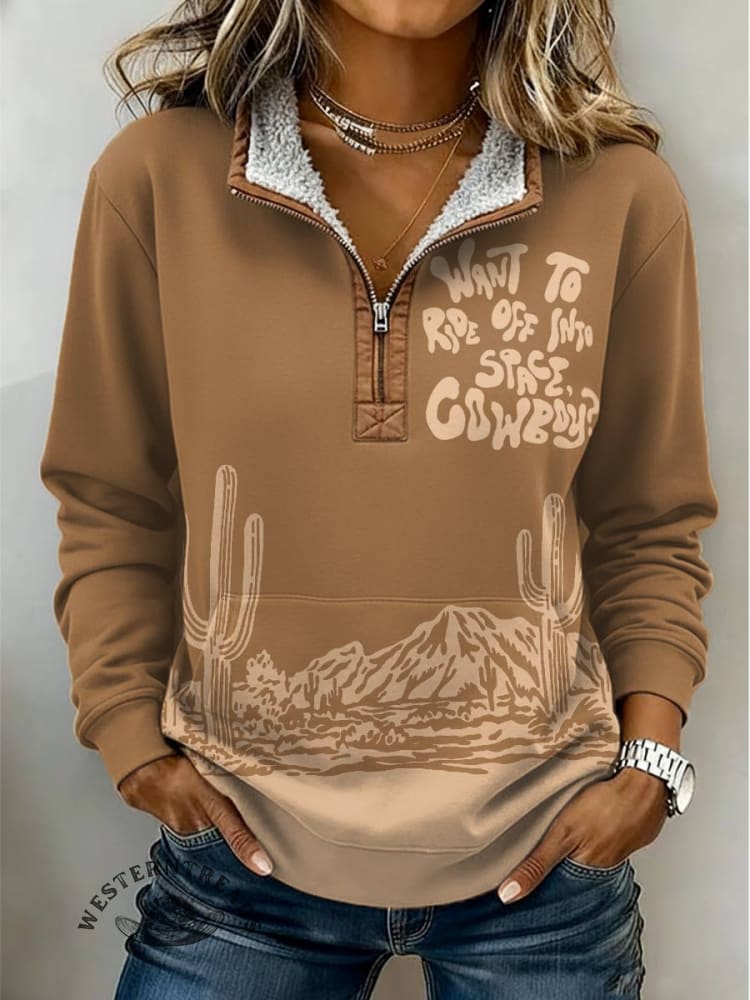 Cowboy Print Casual Half-zip Cotton Sweatshirt