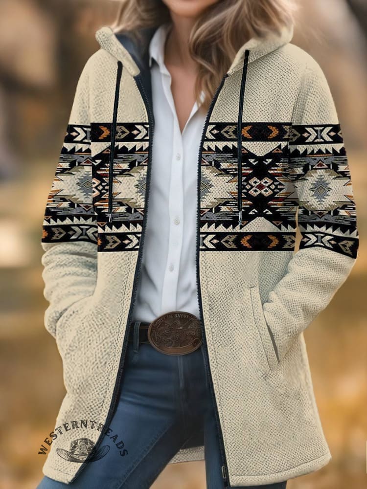 Aztec Print Unisex Plush Thick Long-sleeved Cardigan Coat